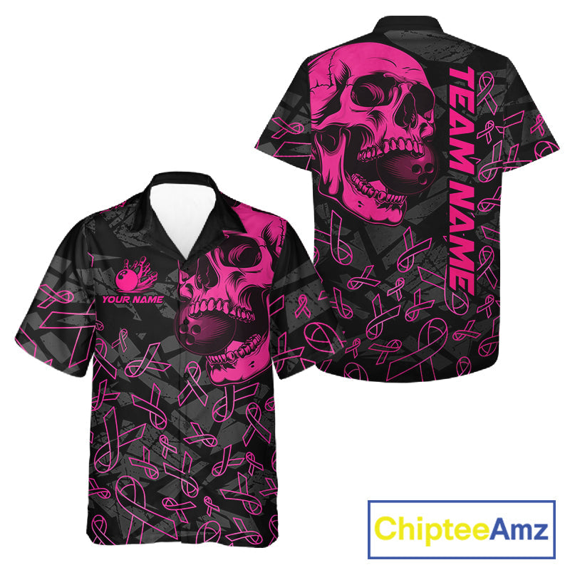 Black Skull camo pink ribbon pattern breast cancer bowling Hawaiian Shirt custom bowling team jersey