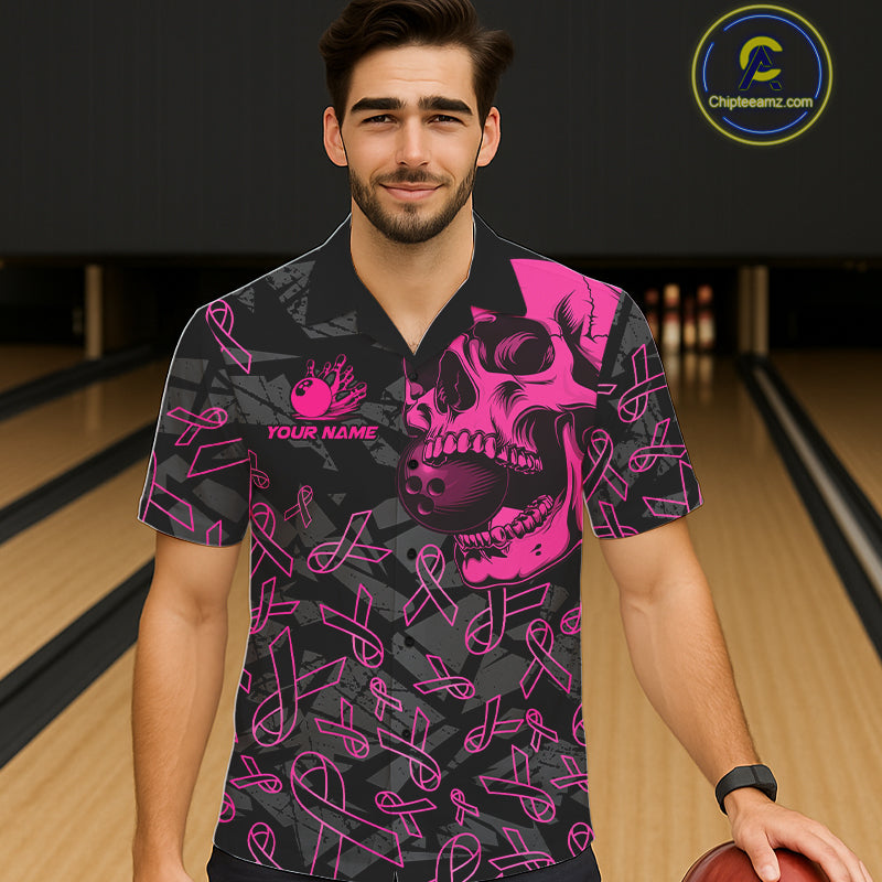 Black Skull camo pink ribbon pattern breast cancer bowling Hawaiian Shirt custom bowling team jersey