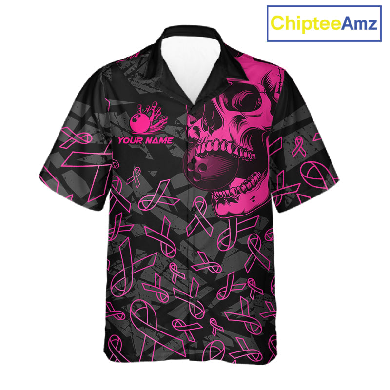Black Skull camo pink ribbon pattern breast cancer bowling Hawaiian Shirt custom bowling team jersey