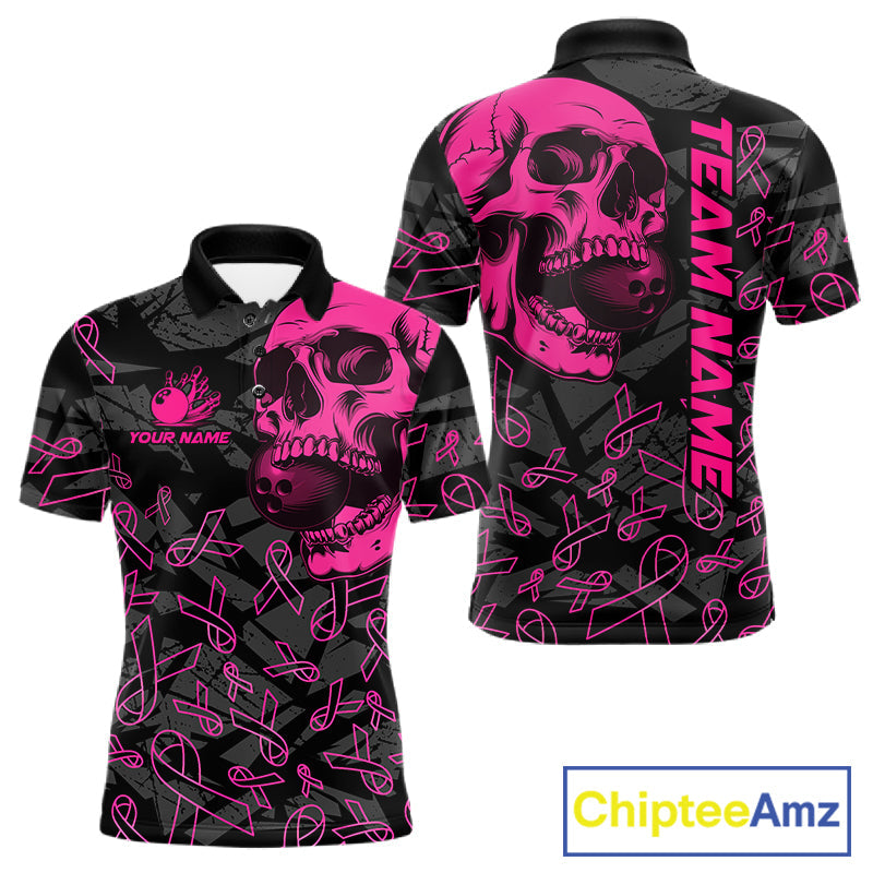 Black Skull camo pink ribbons pattern breast cancer bowling shirt custom bowling team jerseys