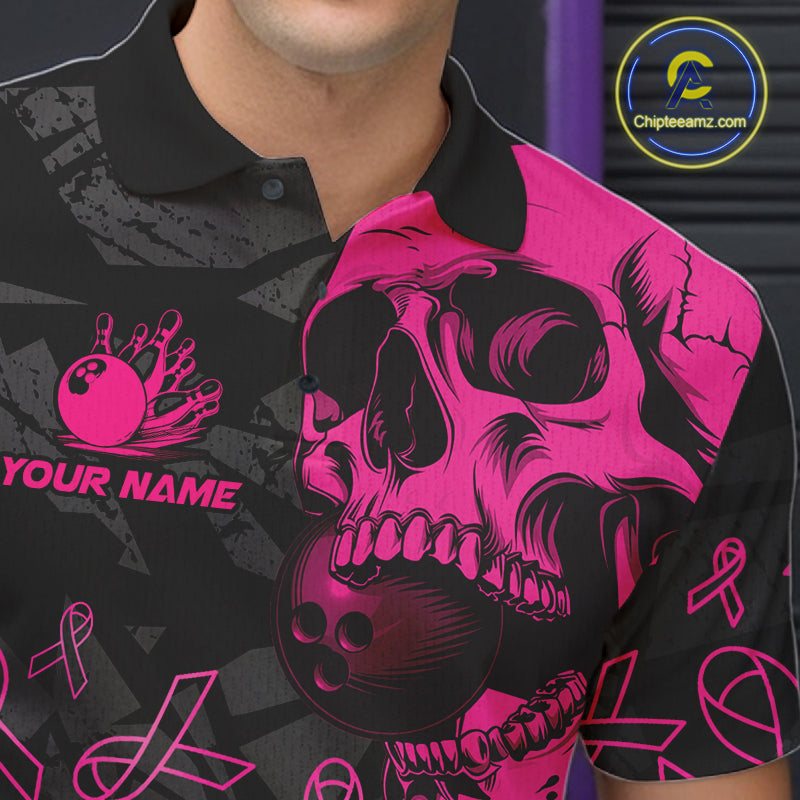 Black Skull camo pink ribbons pattern breast cancer bowling shirt custom bowling team jerseys