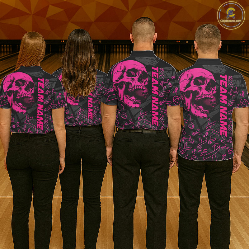 Black Skull camo pink ribbons pattern breast cancer bowling shirt custom bowling team jerseys
