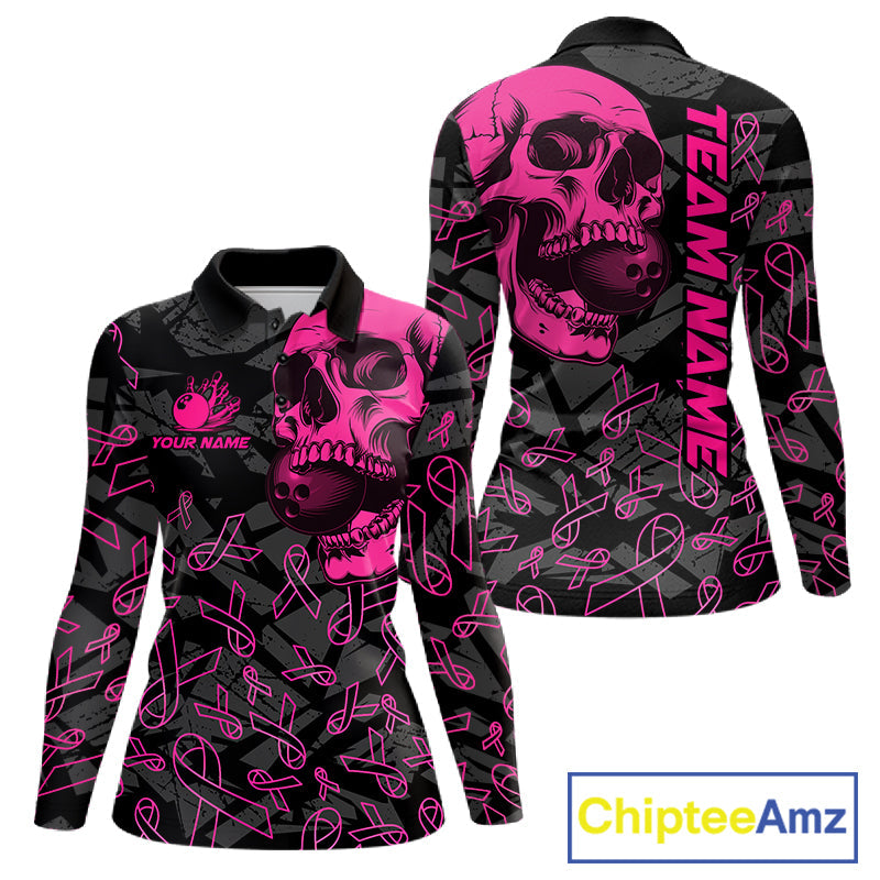 Black Skull camo pink ribbon pattern breast cancer bowling shirt custom bowling team jersey