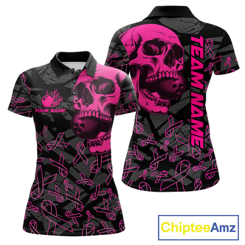 Black Skull camo pink ribbon pattern breast cancer bowling shirt custom bowling team jersey
