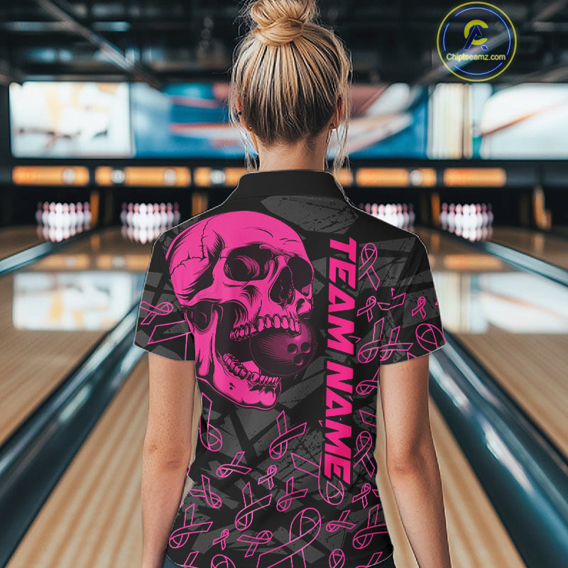 Black Skull camo pink ribbon pattern breast cancer bowling shirt custom bowling team jersey