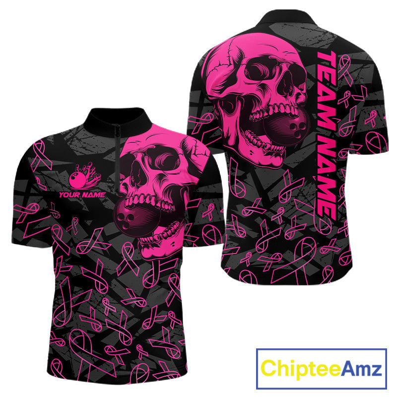 Black Skull camo pink ribbons pattern breast cancer bowling shirt custom bowling team jerseys