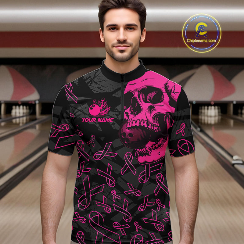Black Skull camo pink ribbons pattern breast cancer bowling shirt custom bowling team jerseys