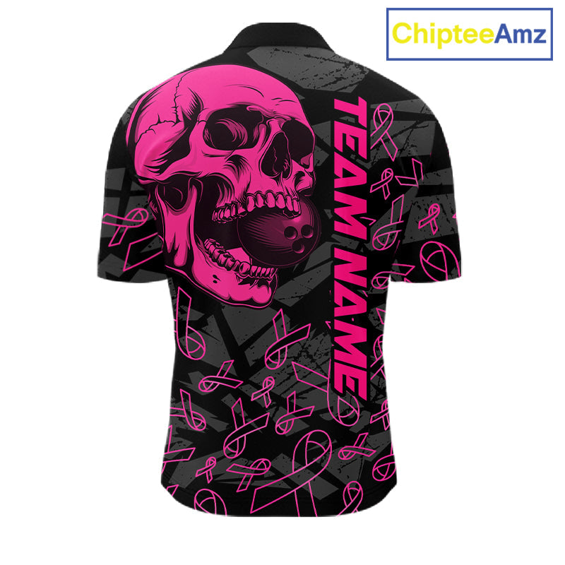 Black Skull camo pink ribbons pattern breast cancer bowling shirt custom bowling team jerseys