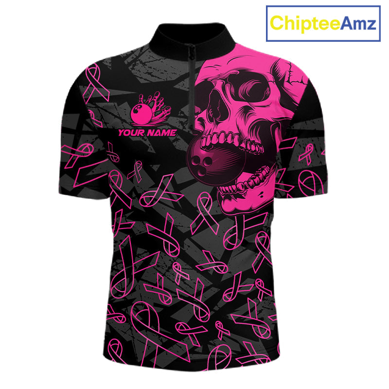 Black Skull camo pink ribbons pattern breast cancer bowling shirt custom bowling team jerseys