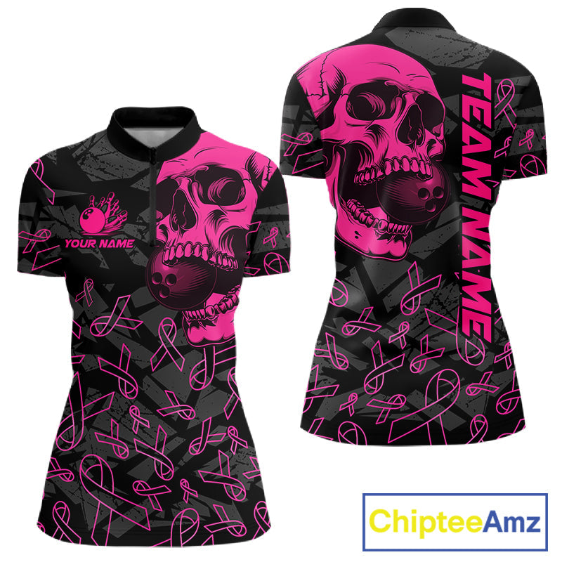 Black Skull camo pink ribbon pattern breast cancer bowling shirt custom bowling team jersey