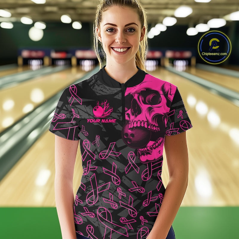 Black Skull camo pink ribbon pattern breast cancer bowling shirt custom bowling team jersey