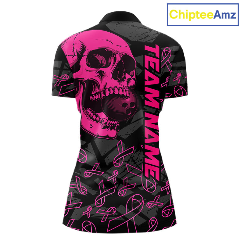 Black Skull camo pink ribbon pattern breast cancer bowling shirt custom bowling team jersey