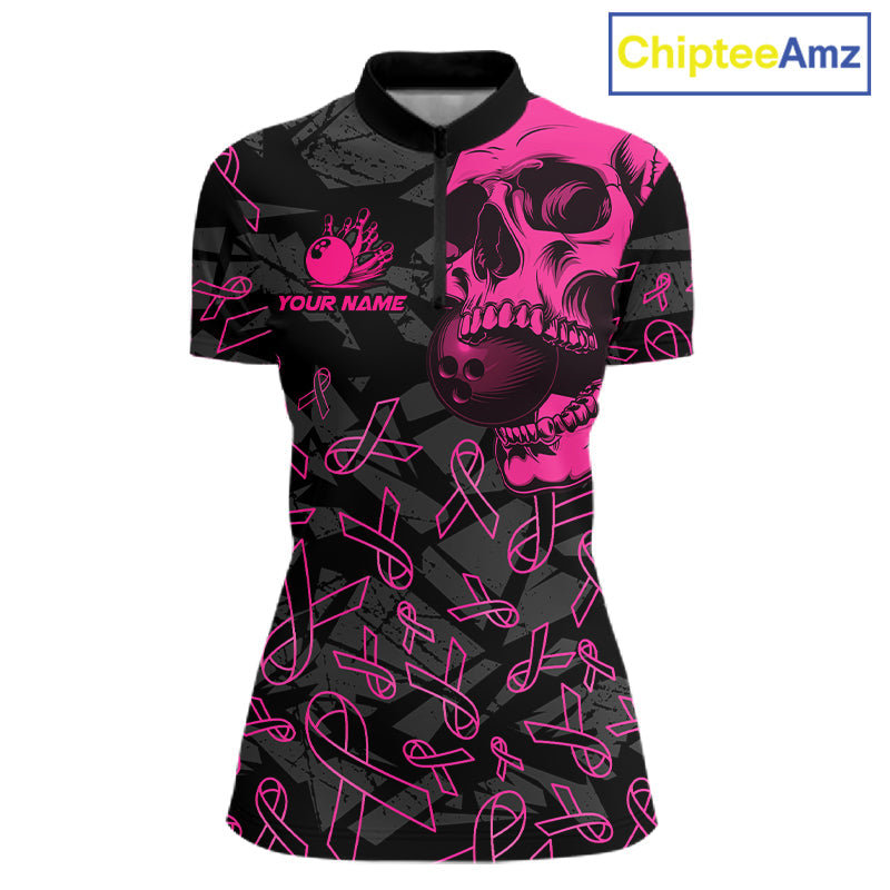 Black Skull camo pink ribbon pattern breast cancer bowling shirt custom bowling team jersey