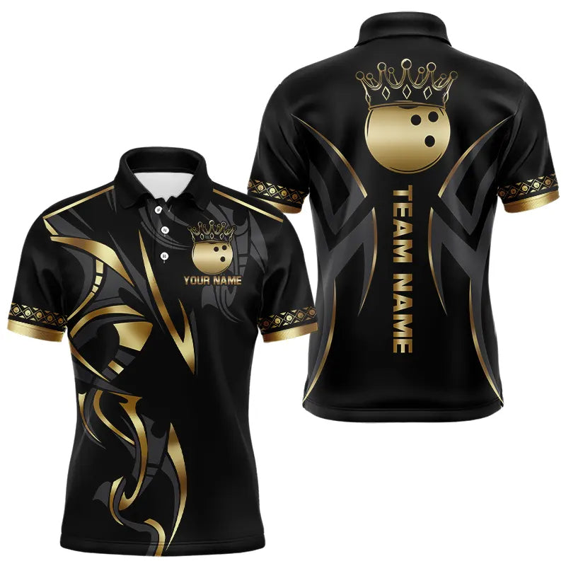 Black and Gold crown Bowling ball Polo, Quarter Zip Shirts Custom Bowling Team jerseys