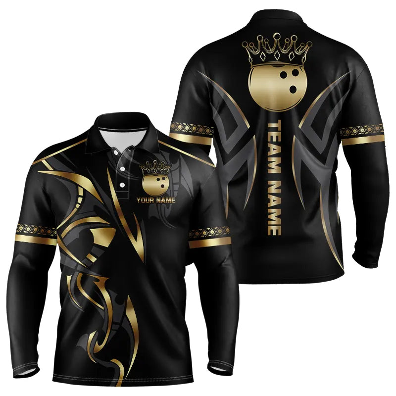 Black and Gold crown Bowling ball Polo, Quarter Zip Shirts Custom Bowling Team jerseys