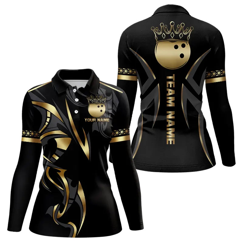 Black and Gold crown Bowling ball Polo, Quarter Zip Shirts Custom Bowling Team jerseys