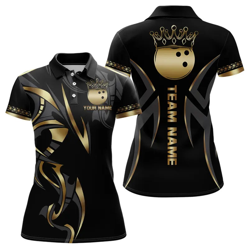 Black and Gold crown Bowling ball Polo, Quarter Zip Shirts Custom Bowling Team jerseys