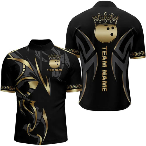 Black and Gold crown Bowling ball Polo, Quarter Zip Shirts Custom Bowling Team jerseys