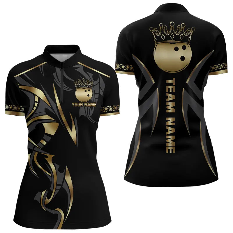 Black and Gold crown Bowling ball Polo, Quarter Zip Shirts Custom Bowling Team jerseys