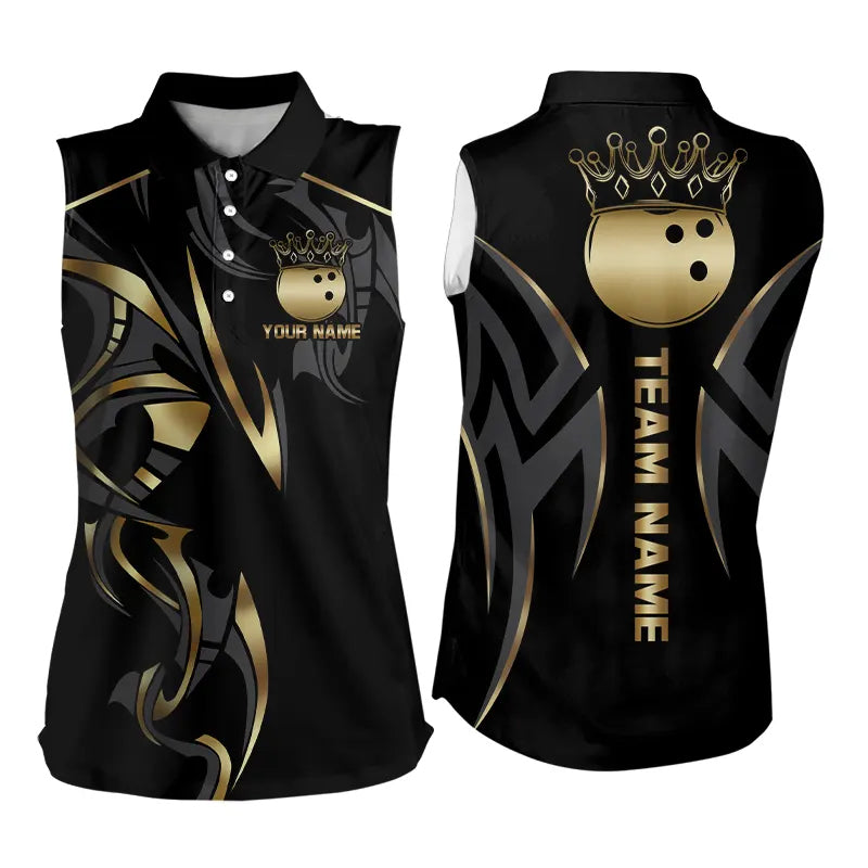 Black and Gold crown Bowling ball Sleeveless Polo Shirt Custom Bowling Team jerseys