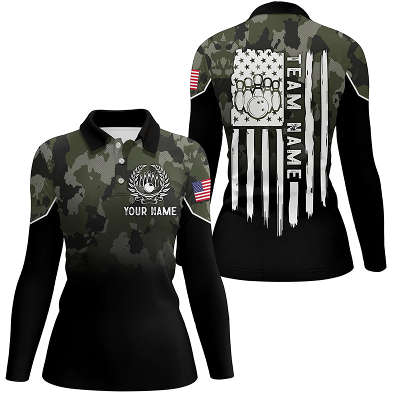 Black green camo bowling polo shirts Custom American flag patriotic bowling team league jerseys