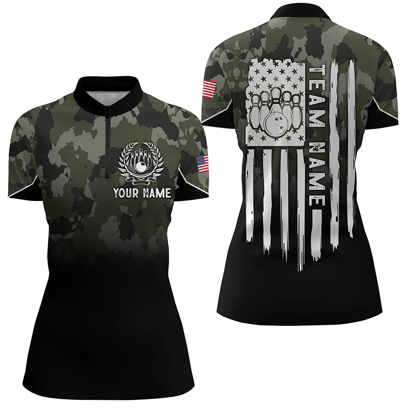 Black green camo bowling Quarter Zip shirt Custom American flag patriotic bowling team jerseys