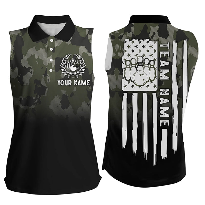 Black green camo sleeveless polo shirts Custom American flag patriotic bowling team jerseys