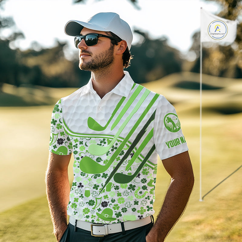 Personalized Funny Golf beer Green clover pattern golf clubs St Patrick's Day golf polo shirt
