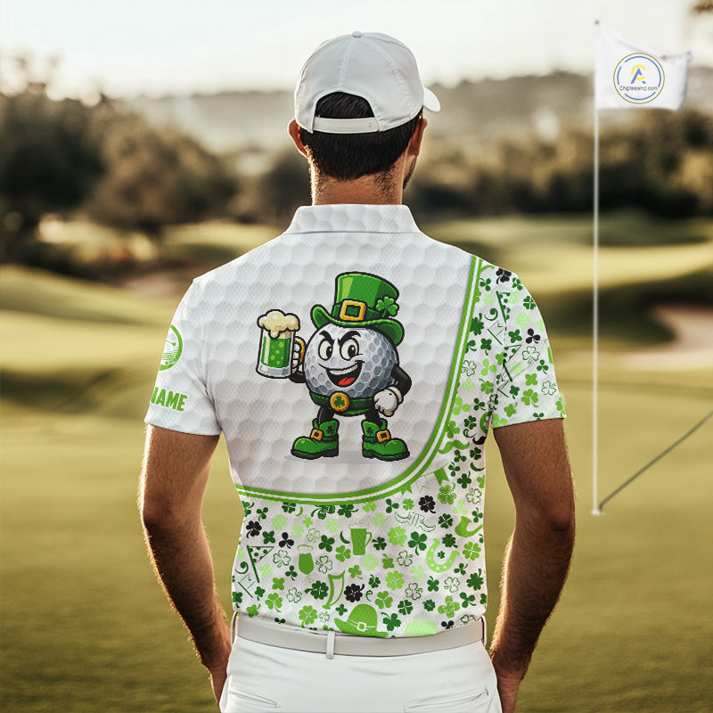 Personalized Funny Golf beer Green clover pattern golf clubs St Patrick's Day golf polo shirt