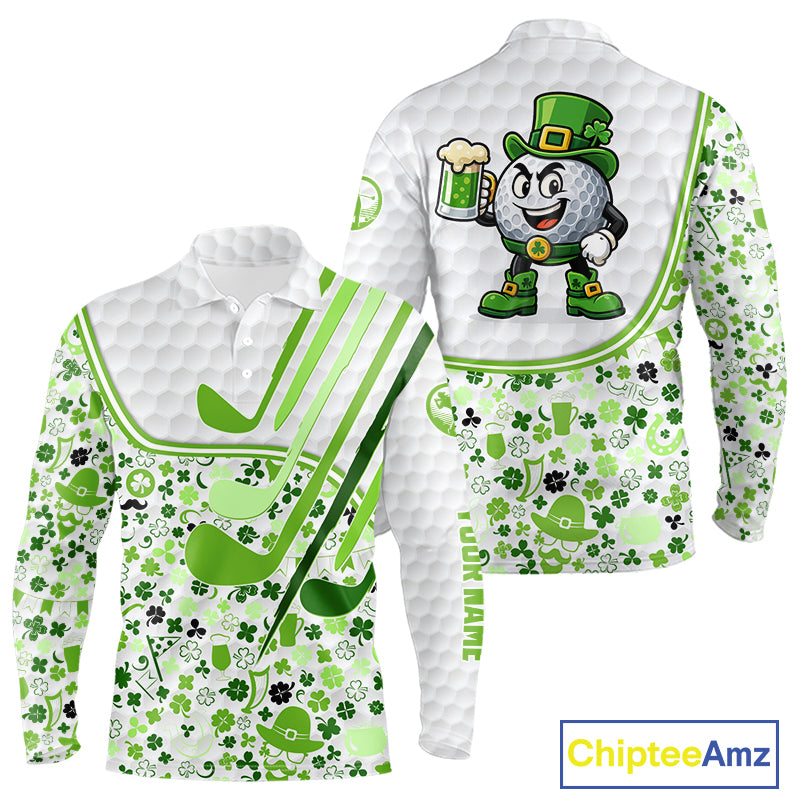 Personalized Funny Golf beer Green clover pattern golf clubs St Patrick's Day golf polo shirt