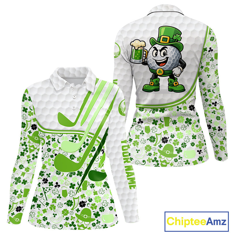 Personalized Funny Golf beer Green clover pattern golf clubs St Patrick's Day polo shirt