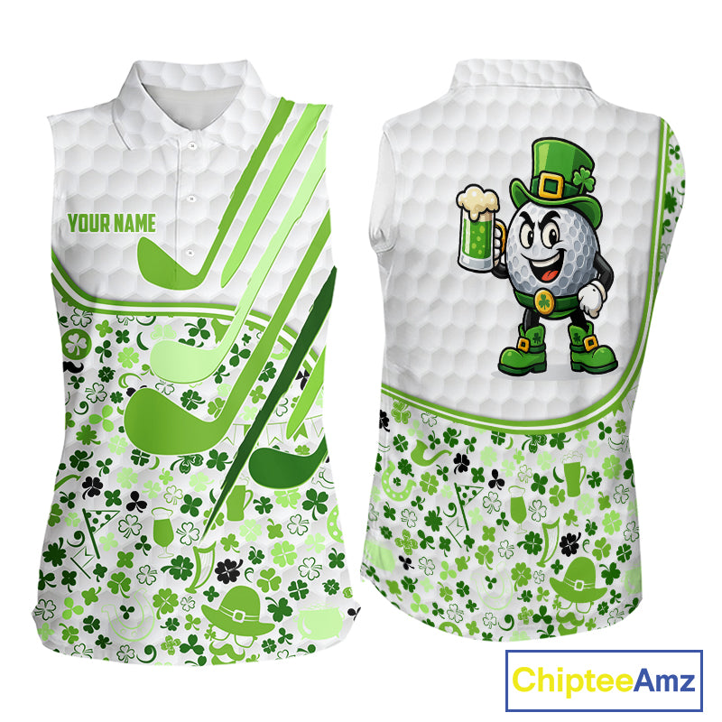 Personalized Funny Golf beer Green clover pattern golf clubs St Patrick's Day Sleeveless polo shirt