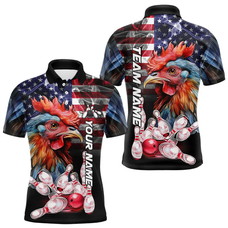 American Flag Rooster Bowling Polo, Quarter Zip Shirts Custom patriotic Team Bowling jerseys