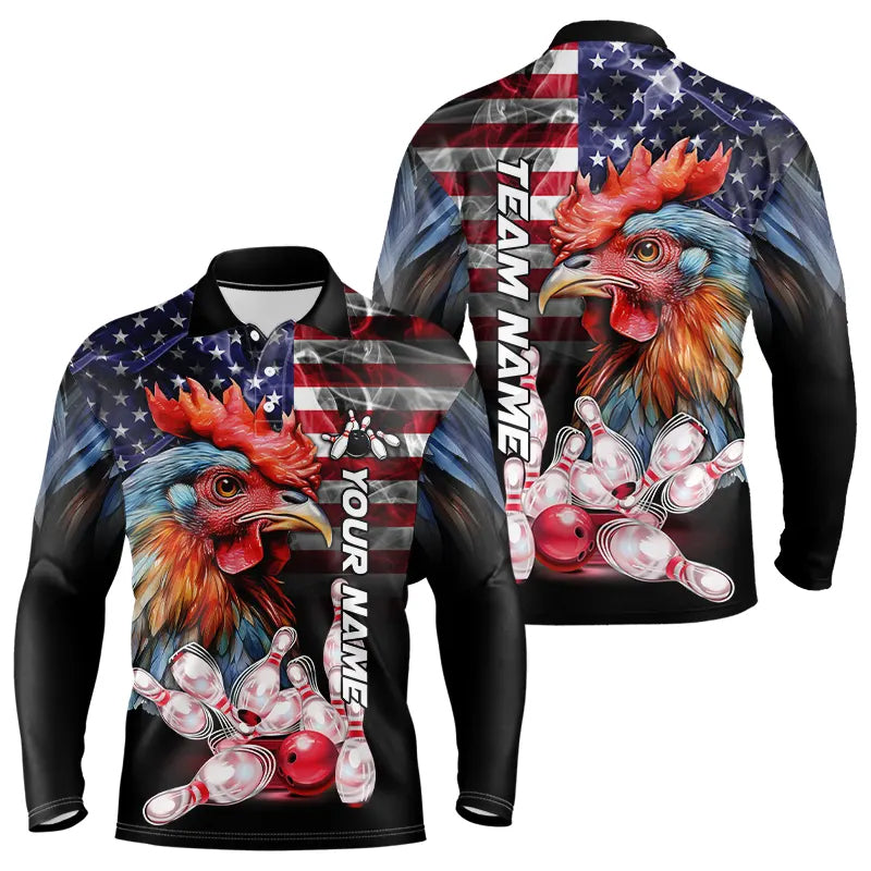 American Flag Rooster Bowling Polo, Quarter Zip Shirts Custom patriotic Team Bowling jerseys