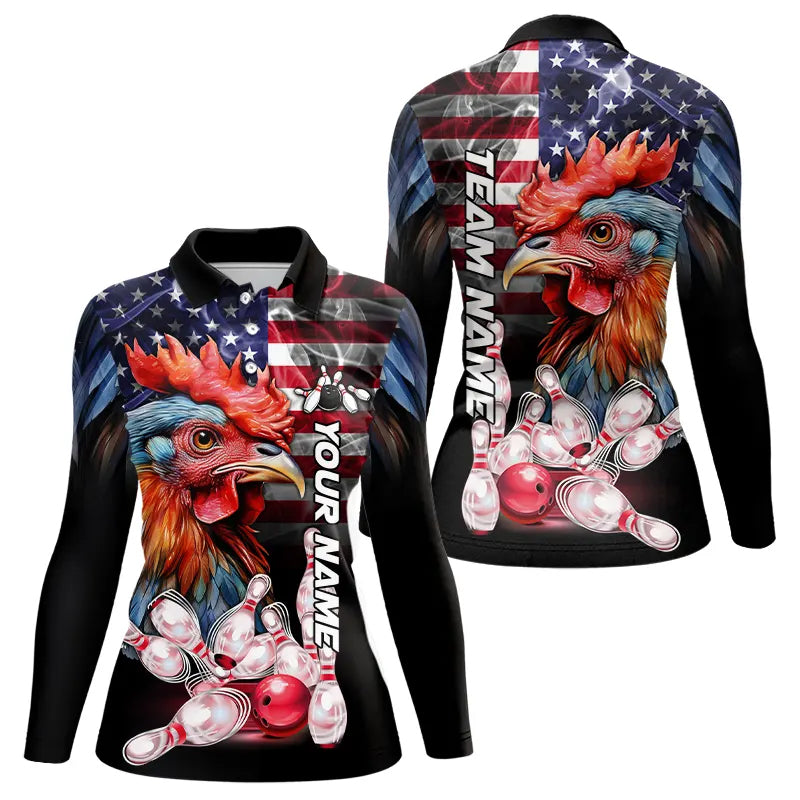 American Flag Rooster Bowling Polo, Quarter Zip Shirts Custom patriotic Team Bowling jerseys