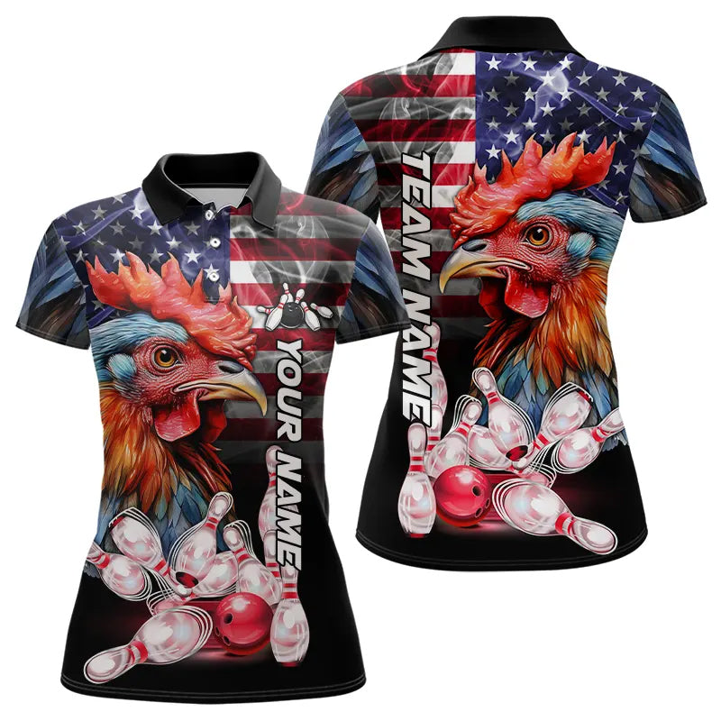 American Flag Rooster Bowling Polo, Quarter Zip Shirts Custom patriotic Team Bowling jerseys