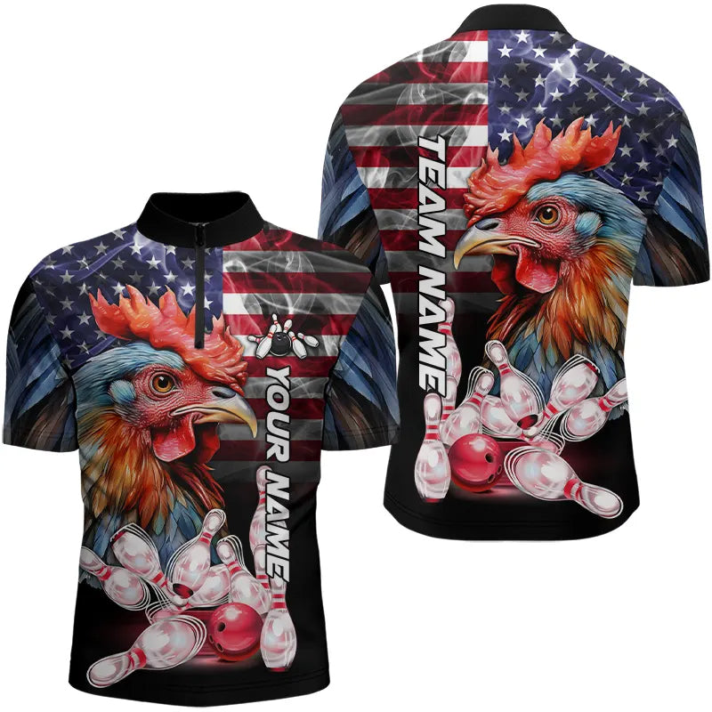 American Flag Rooster Bowling Polo, Quarter Zip Shirts Custom patriotic Team Bowling jerseys