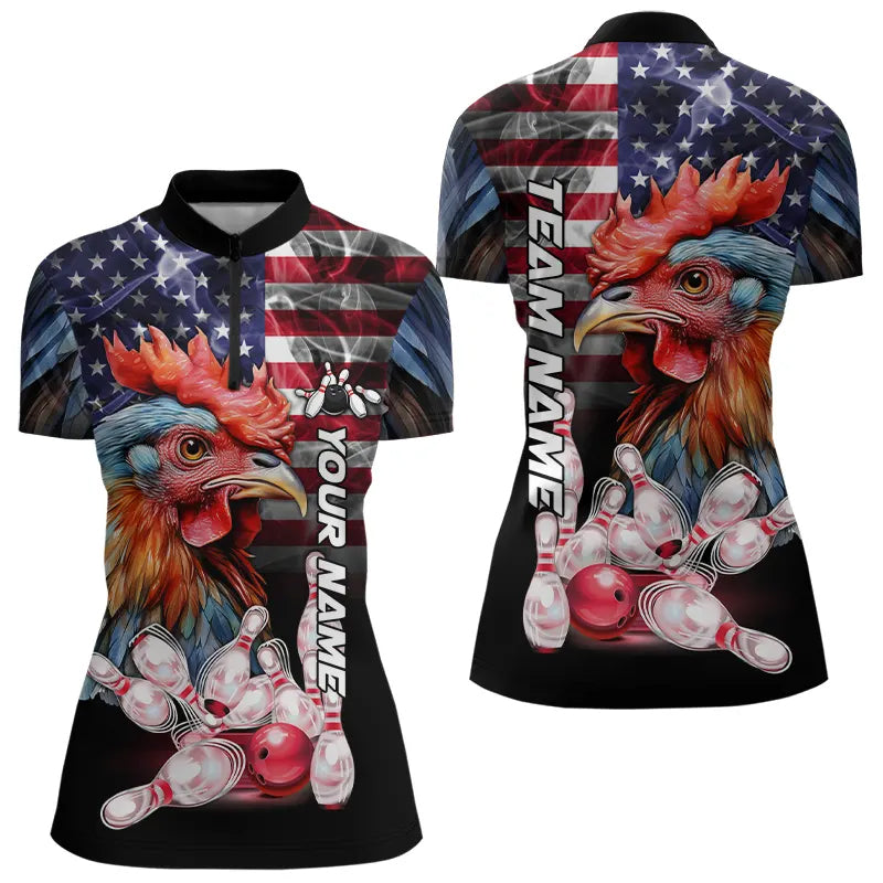 American Flag Rooster Bowling Polo, Quarter Zip Shirts Custom patriotic Team Bowling jerseys