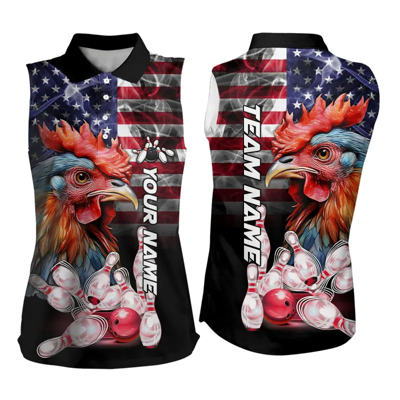 American Flag Rooster Bowling Sleeveless Polo Shirt Custom patriotic Team Bowling jerseys