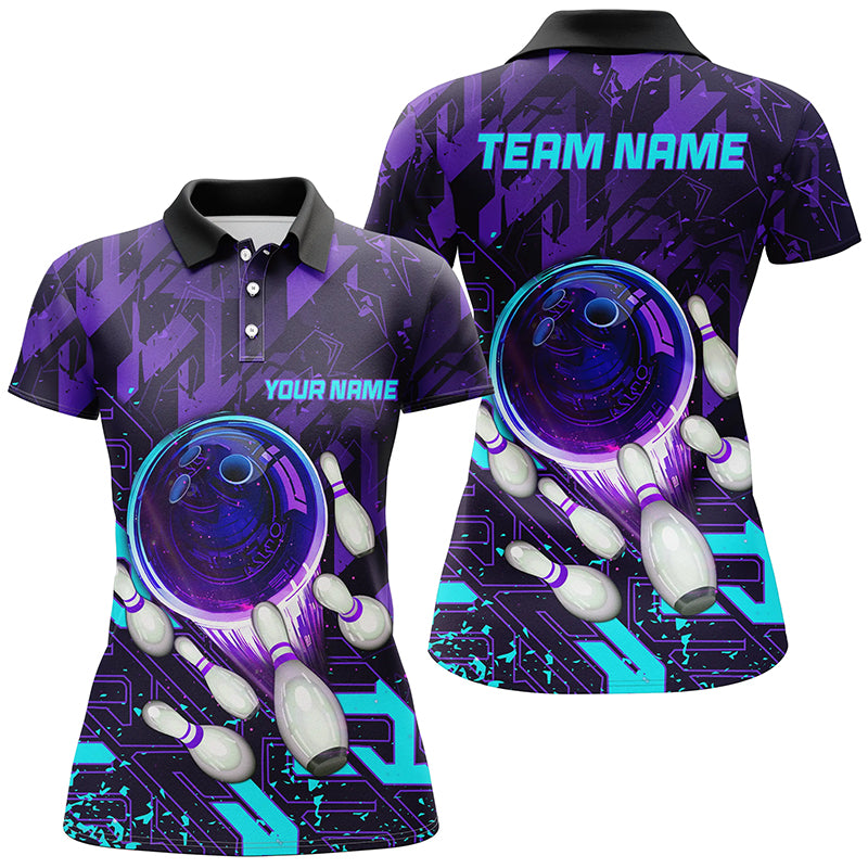 bowling polo shirts Custom purple blue abstract Bowling Team league Jerseys, bowling gifts