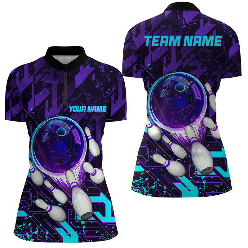 Quarter Zip shirts Custom purple blue abstract Bowling Team league Jerseys, bowling gifts