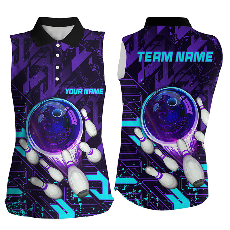 sleeveless polo shirts Custom purple blue abstract Bowling Team league Jerseys, bowling gifts