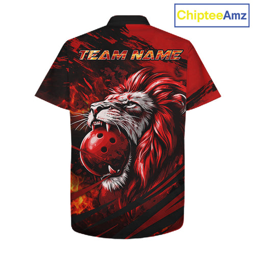 Black and Red Lion Bowling Hawaiian Jersey, Lion Bowling Team League button-up shirts