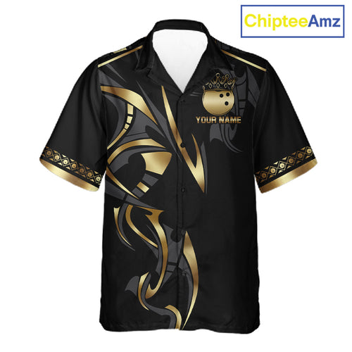 Black and Gold Dragon Bowling ball Button up Shirts Custom Bowling Team Hawaiian jerseys