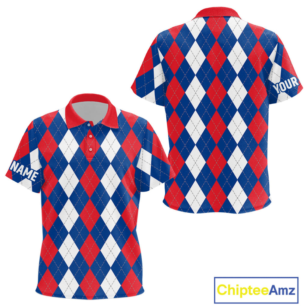 golf polo shirts custom red, white and blue argyle plaid pattern golf attire