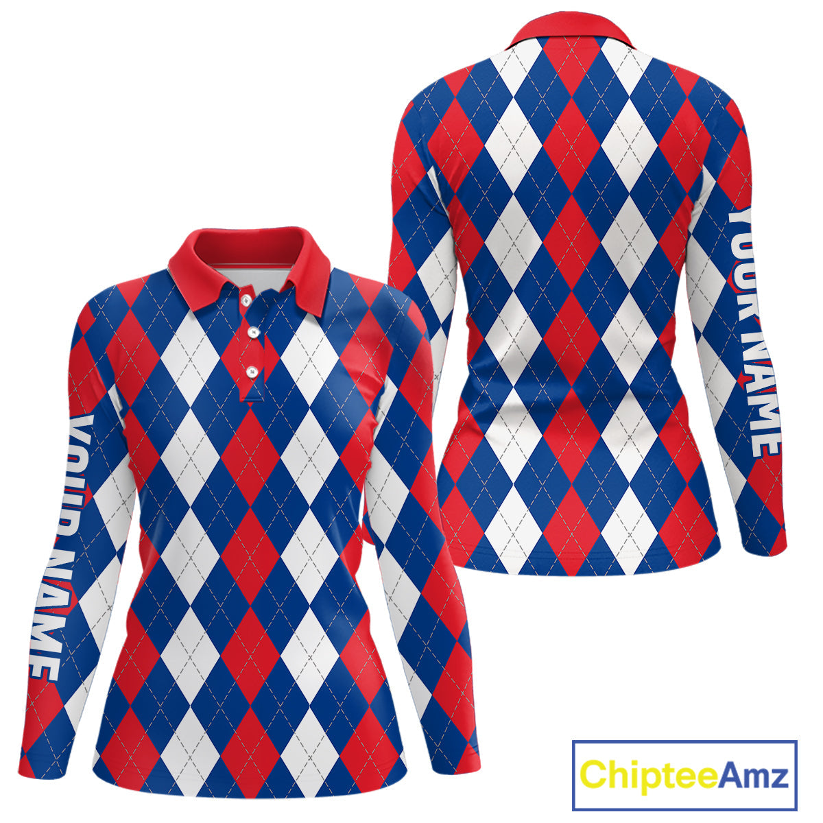 golf polo shirt custom red, white and blue argyle plaid pattern golf attire