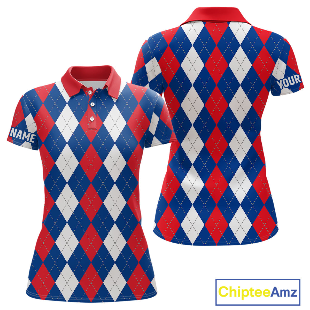 golf polo shirt custom red, white and blue argyle plaid pattern golf attire