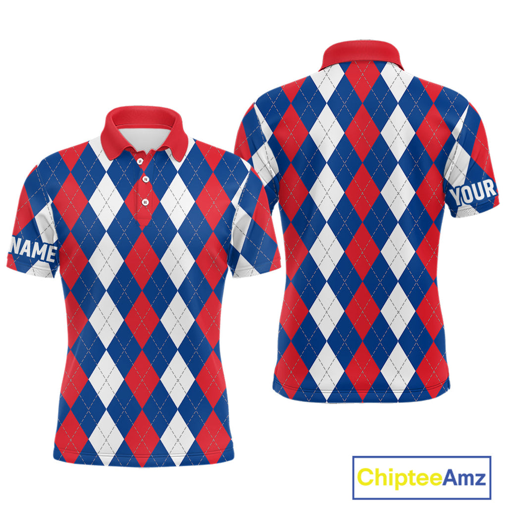 golf polo shirt custom red, white and blue argyle plaid pattern golf attire
