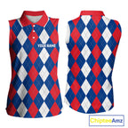 sleeveless polo shirt custom red, white and blue argyle plaid pattern golf attire