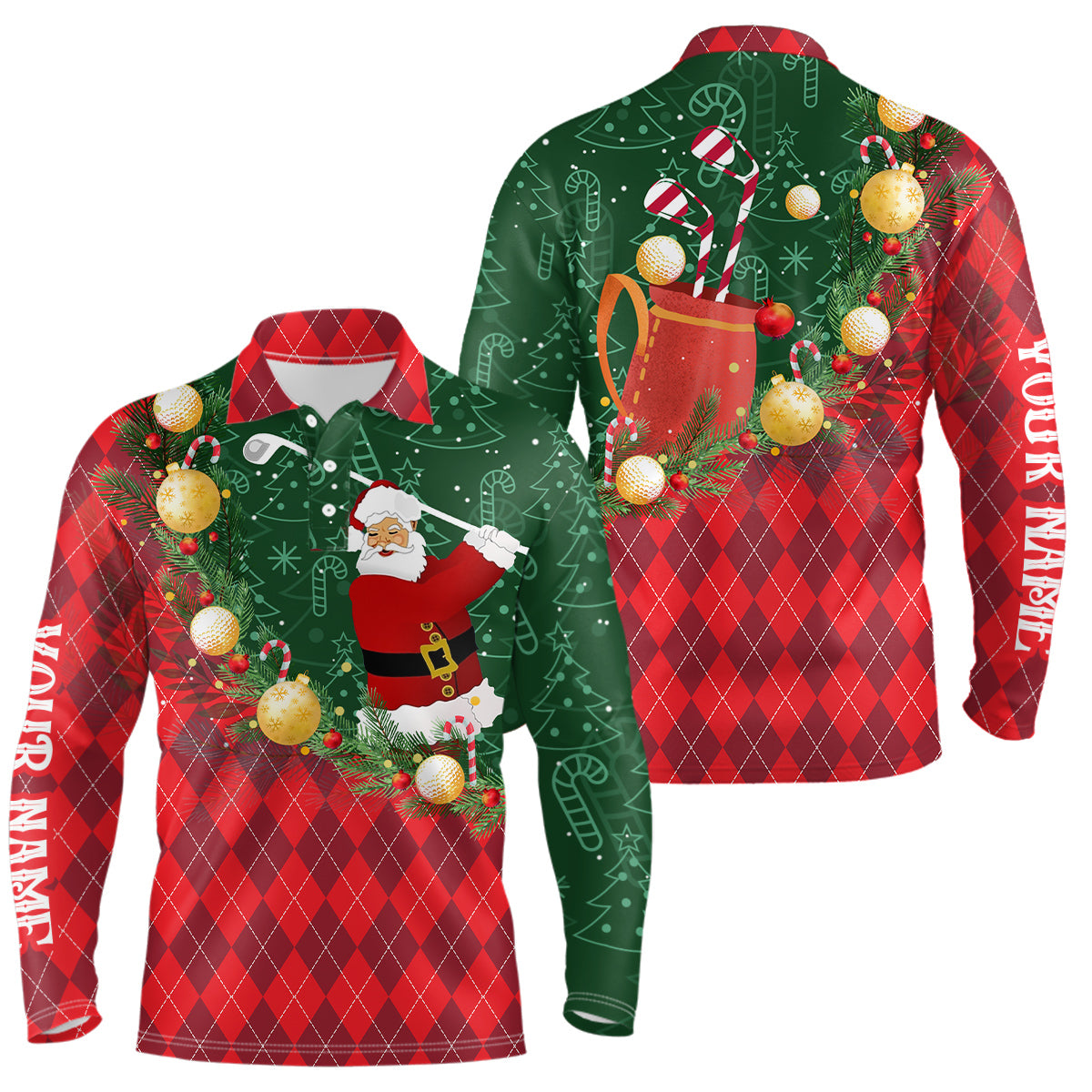 Christmas Santa Playing Golf Green and Red argyle pattern Golf Polo Shirt Custom golf outfits